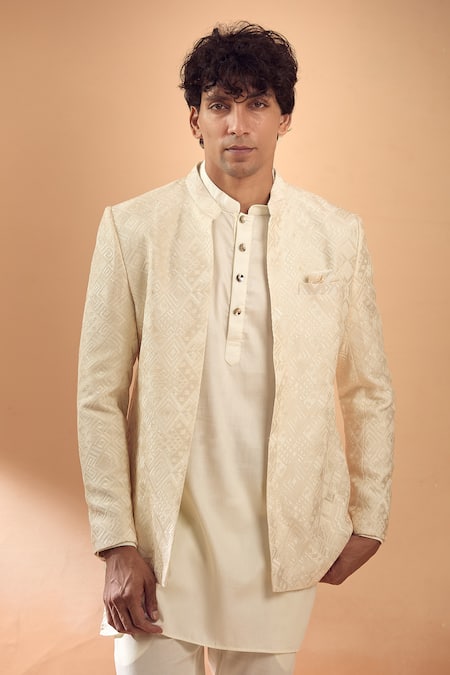 Spring Break_Ivory Viscose, Cotton Satin Embroidery Thread Jacket And Kurta Set _at_Aza_Fashions