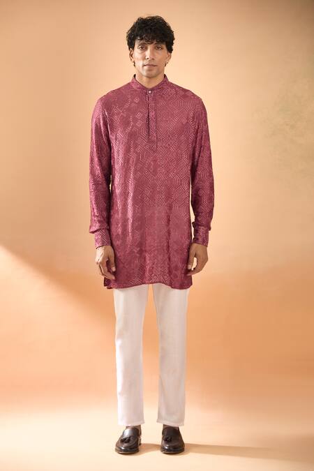 Spring Break_Maroon Viscose, Cotton Satin Embroidery Lucknowi Kurta With Pant _Online_at_Aza_Fashions