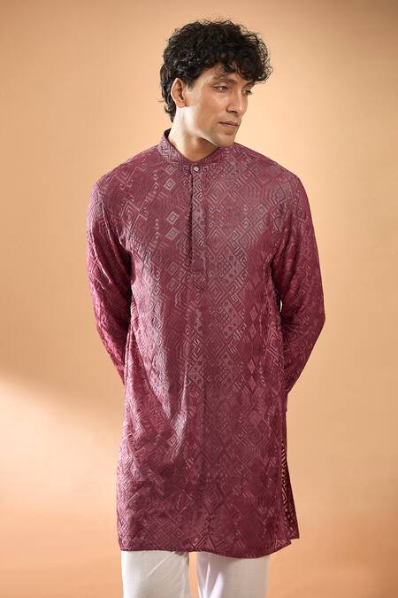 Buy_Spring Break_Maroon Viscose, Cotton Satin Embroidery Lucknowi Kurta With Pant _Online_at_Aza_Fashions