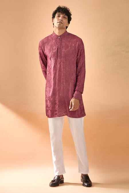 Spring Break_Maroon Viscose, Cotton Satin Embroidery Lucknowi Kurta With Pant _at_Aza_Fashions