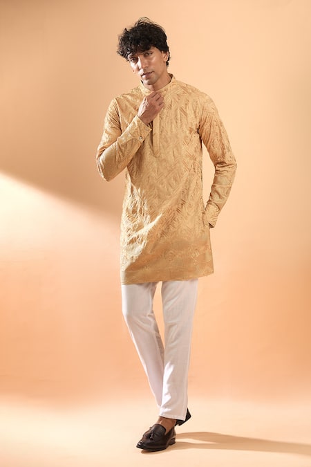 SPRING BREAK Gold Kurta Blended Silk Embroidered Laser Cut Applique Thread With Pant 