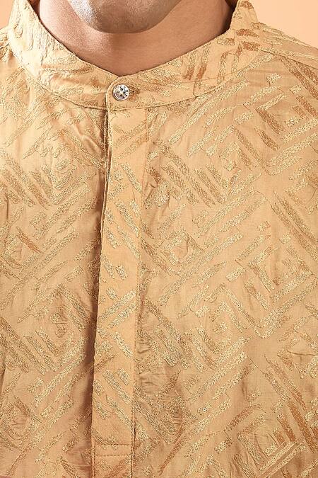Spring Break_Gold Cotton Satin, Brocade, Silk Embroidery Thread Kurta With Pant _Online_at_Aza_Fashions