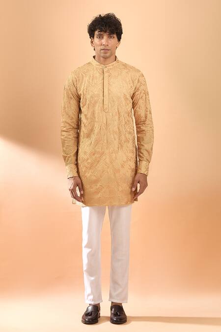 Buy_Spring Break_Gold Cotton Satin, Brocade, Silk Embroidery Thread Kurta With Pant _Online_at_Aza_Fashions
