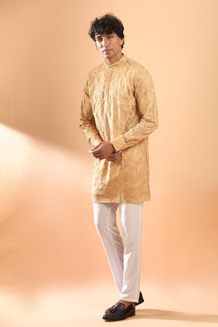 Shop_Spring Break_Gold Cotton Satin, Brocade, Silk Embroidery Thread Kurta With Pant _Online_at_Aza_Fashions