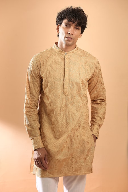 Spring Break_Gold Cotton Satin, Brocade, Silk Embroidery Thread Kurta With Pant _at_Aza_Fashions