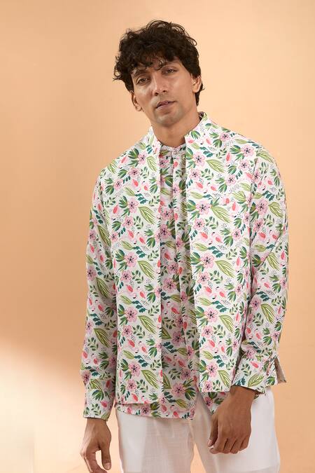 Spring Break_White , Satin Embroidery Flamingo Floral Print Jacket And Pant Set_Online_at_Aza_Fashions