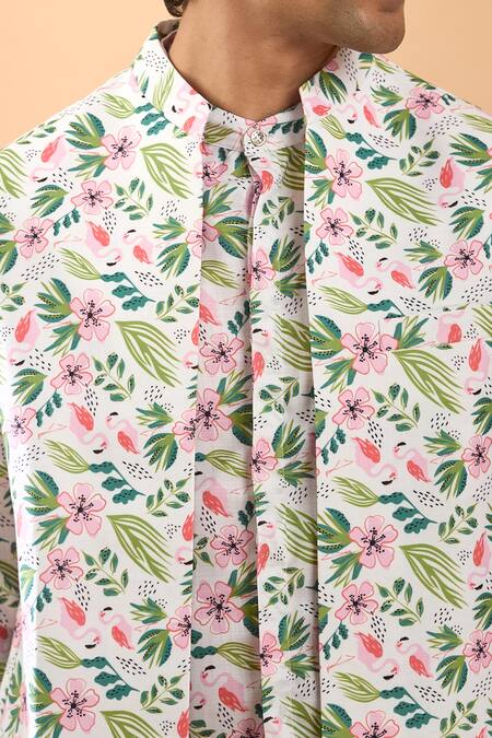 Buy_Spring Break_White , Satin Embroidery Flamingo Floral Print Jacket And Pant Set_Online_at_Aza_Fashions