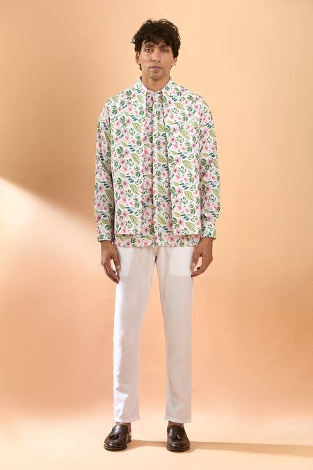 Shop_Spring Break_White , Satin Embroidery Flamingo Floral Print Jacket And Pant Set_Online_at_Aza_Fashions