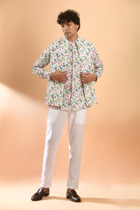 Spring Break_White , Satin Embroidery Flamingo Floral Print Jacket And Pant Set_at_Aza_Fashions