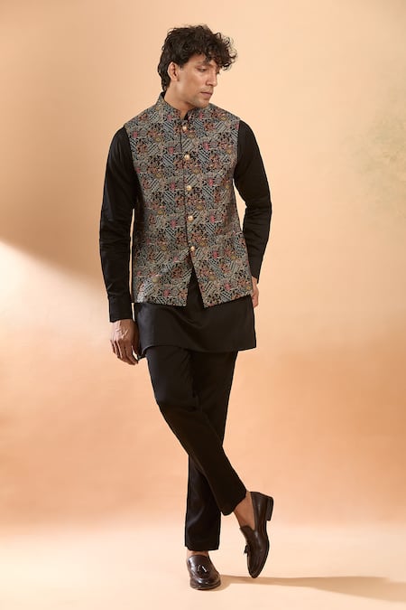 SPRING BREAK Black Bundi Blended Silk Printed Abstract Geometric And Kurta Set 