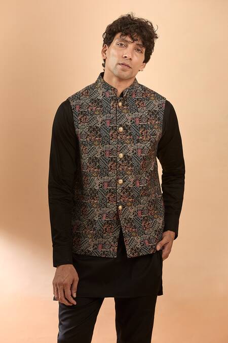 Spring Break Black Silk, Cotton Satin Abstract Geometric Print Bundi And Kurta Set at Aza Fashions Spring Break_Black Silk, Cotton Satin Abstract Geometric Print Bundi And Kurta Set _at_Aza_Fashions