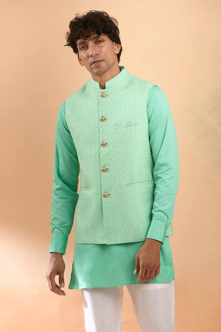 Shop Spring Break Green , Silk, Satin Embroidery Floral Woven Bundi And Kurta Set Online at Aza Fashions Shop_Spring Break_Green , Silk, Satin Embroidery Floral Woven Bundi And Kurta Set _Online_at_Aza_Fashions