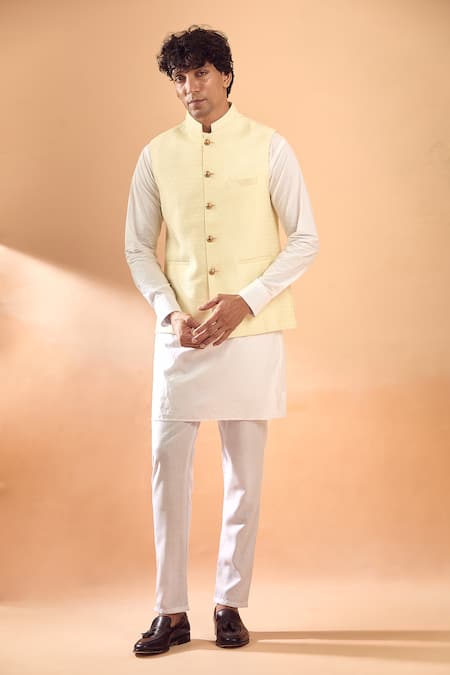 SPRING BREAK Ivory Bundi Cotton Silk Woven Floral Jacquard Motif And Kurta Set 