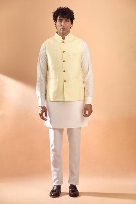 Buy_Spring Break_Ivory , Silk, Satin Embroidery Floral Woven Bundi And Kurta Set _Online_at_Aza_Fashions