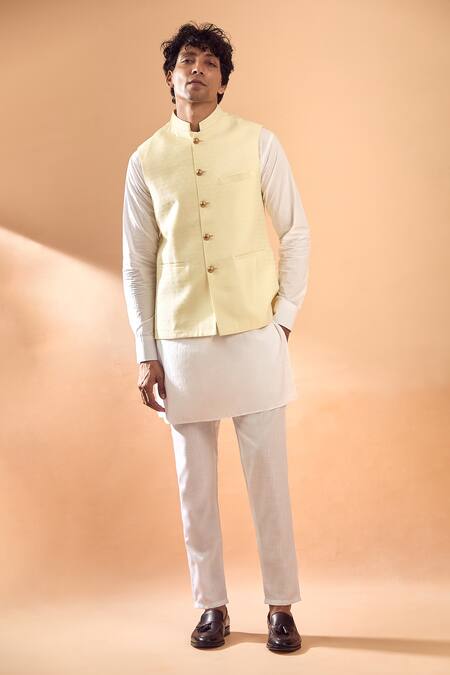 Shop_Spring Break_Ivory , Silk, Satin Embroidery Floral Woven Bundi And Kurta Set _Online_at_Aza_Fashions