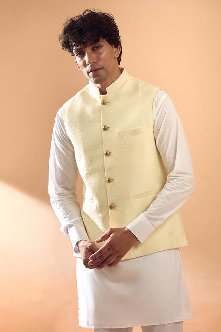 Spring Break_Ivory , Silk, Satin Embroidery Floral Woven Bundi And Kurta Set _at_Aza_Fashions