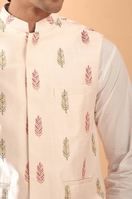 Shop Spring Break Pink , Silk, Satin Embroidery Leaf Bundi And Kurta Set Online at Aza Fashions Shop_Spring Break_Pink , Silk, Satin Embroidery Leaf Bundi And Kurta Set_Online_at_Aza_Fashions