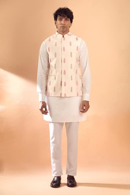 Spring Break Pink , Silk, Satin Embroidery Leaf Bundi And Kurta Set at Aza Fashions Spring Break_Pink , Silk, Satin Embroidery Leaf Bundi And Kurta Set_at_Aza_Fashions