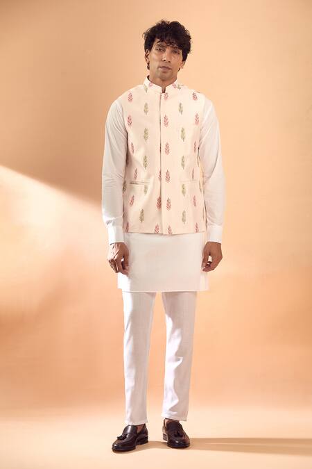 Buy Spring Break Pink , Silk, Satin Embroidery Leaf Bundi And Kurta Set Buy_Spring Break_Pink , Silk, Satin Embroidery Leaf Bundi And Kurta Set