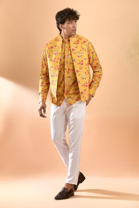 SPRING BREAK Yellow Jacket And Shirt Cotton Printed Floral & Pant Set 