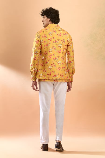 Shop Spring Break Yellow Cotton Embroidery Floral Print Jacket And Pant Set at Aza Fashions Shop_Spring Break_Yellow Cotton Embroidery Floral Print Jacket And Pant Set_at_Aza_Fashions