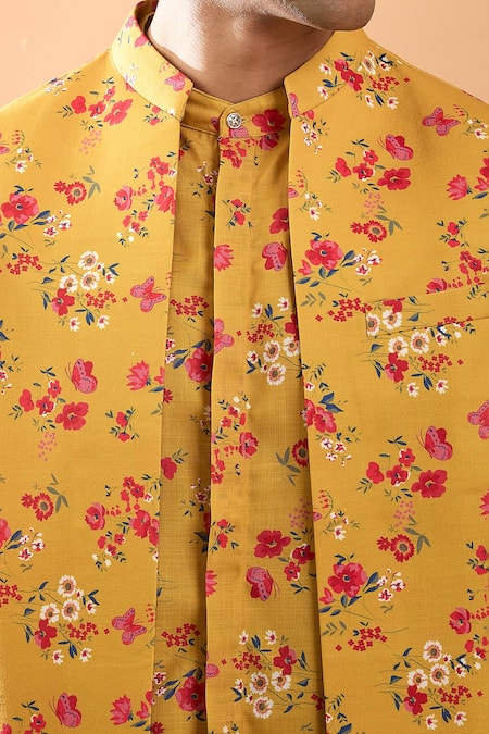 Shop Spring Break Yellow Cotton Embroidery Floral Print Jacket And Pant Set Online at Aza Fashions Shop_Spring Break_Yellow Cotton Embroidery Floral Print Jacket And Pant Set_Online_at_Aza_Fashions