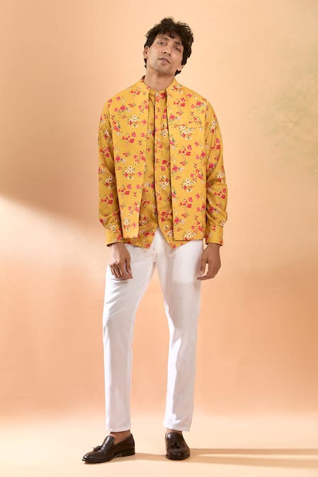 Buy Spring Break Yellow Cotton Embroidery Floral Print Jacket And Pant Set Buy_Spring Break_Yellow Cotton Embroidery Floral Print Jacket And Pant Set