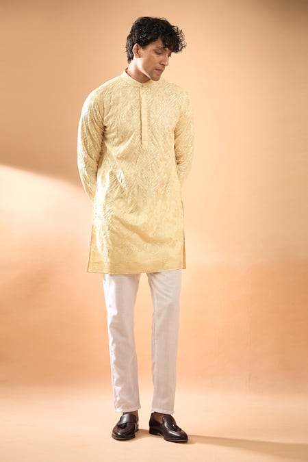 Buy_Spring Break_Cream Silk, Cotton Satin Embroidery Geometric Pattern Kurta With Pant _Online_at_Aza_Fashions