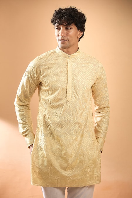 Shop_Spring Break_Cream Silk, Cotton Satin Embroidery Geometric Pattern Kurta With Pant _Online_at_Aza_Fashions