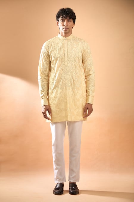 Spring Break_Cream Silk, Cotton Satin Embroidery Geometric Pattern Kurta With Pant _at_Aza_Fashions