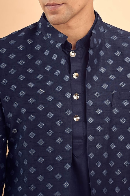 Buy_Spring Break_Blue Silk, Cotton Satin Sequins, Embroidery Jacket And Kurta Set _Online_at_Aza_Fashions