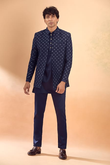 Shop_Spring Break_Blue Silk, Cotton Satin Sequins, Embroidery Jacket And Kurta Set _Online_at_Aza_Fashions