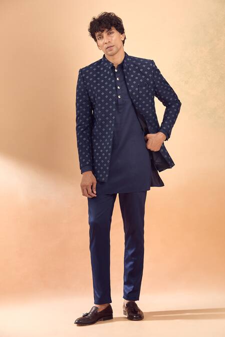 Spring Break_Blue Silk, Cotton Satin Sequins, Embroidery Jacket And Kurta Set _at_Aza_Fashions