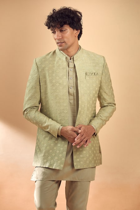 Buy_Spring Break_Gold Brocade, Cotton Satin Sequins, Embroidery And Thread Jacket & Kurta Set _Online_at_Aza_Fashions