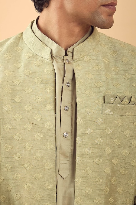 Shop_Spring Break_Gold Brocade, Cotton Satin Sequins, Embroidery And Thread Jacket & Kurta Set _Online_at_Aza_Fashions