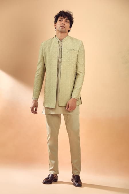 Spring Break_Gold Brocade, Cotton Satin Sequins, Embroidery And Thread Jacket & Kurta Set _at_Aza_Fashions