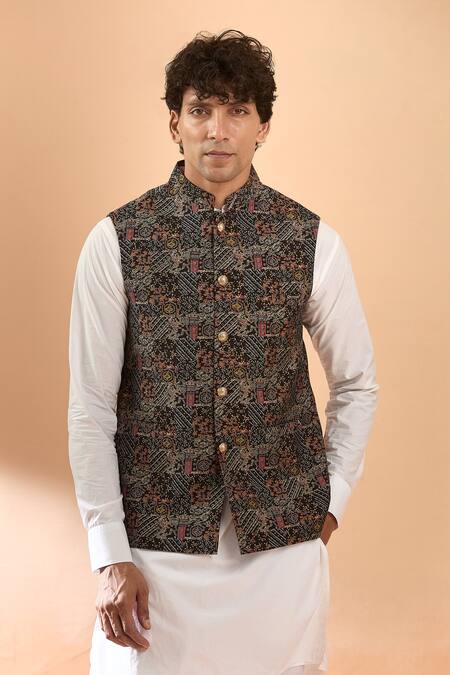 Shop Spring Break Black Silk Abstract Foil Print Bundi Online at Aza Fashions Shop_Spring Break_Black Silk Abstract Foil Print Bundi _Online_at_Aza_Fashions