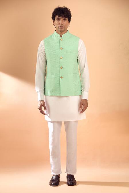 Spring Break Green Cotton, Silk Embroidery Floral Woven Mint Bundi Online at Aza Fashions Spring Break_Green Cotton, Silk Embroidery Floral Woven Mint Bundi _Online_at_Aza_Fashions