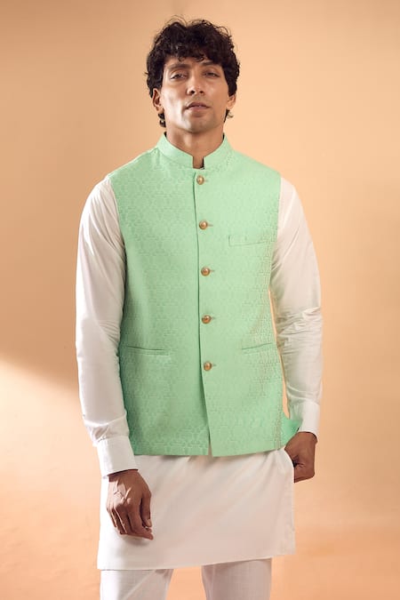 Shop Spring Break Green Cotton, Silk Embroidery Floral Woven Mint Bundi Online at Aza Fashions Shop_Spring Break_Green Cotton, Silk Embroidery Floral Woven Mint Bundi _Online_at_Aza_Fashions