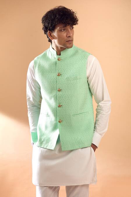 Spring Break Green Cotton, Silk Embroidery Floral Woven Mint Bundi at Aza Fashions Spring Break_Green Cotton, Silk Embroidery Floral Woven Mint Bundi _at_Aza_Fashions