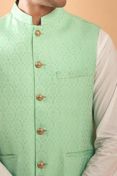 Buy Spring Break Green Cotton, Silk Embroidery Floral Woven Mint Bundi Buy_Spring Break_Green Cotton, Silk Embroidery Floral Woven Mint Bundi