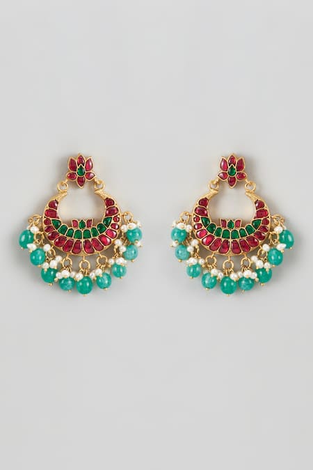 Shop Karisa Designs Red Pearls, Stones Kundan Embellished Lotus Chandbalis at Aza Fashions Shop_Karisa Designs_Red Pearls, Stones Kundan Embellished Lotus Chandbalis _at_Aza_Fashions
