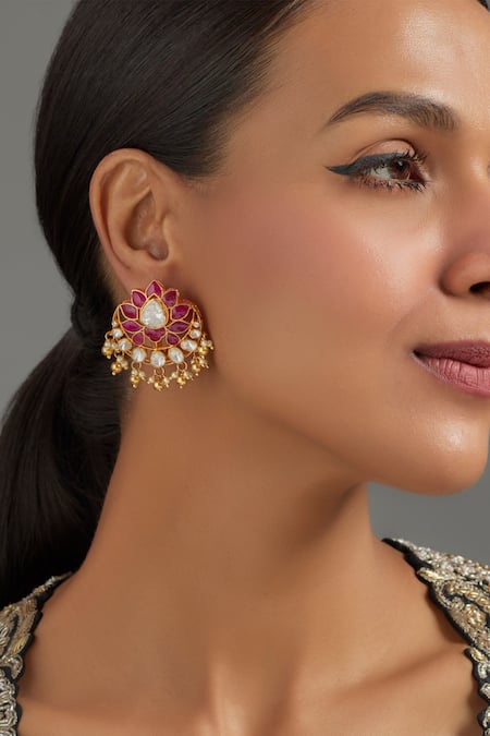 Karisa Designs Lotus Moissanite Polki Embellished Earrings 