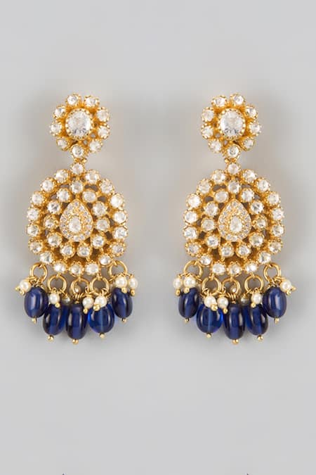 Shop Karisa Designs White Pearls, Beads, Zari Moissanite Polki Drop Earrings at Aza Fashions Shop_Karisa Designs_White Pearls, Beads, Zari Moissanite Polki Drop Earrings _at_Aza_Fashions