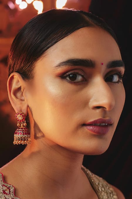 Karisa Designs Red Kundan Embellished Jhumkas 
