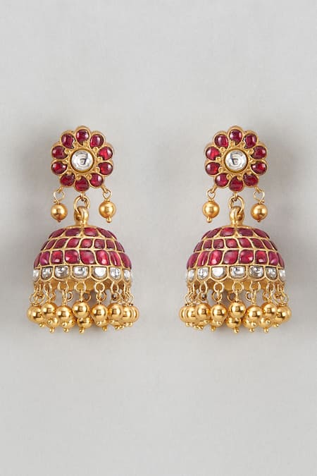 Shop Karisa Designs Red Kundan Embellished Jhumkas at Aza Fashions Shop_Karisa Designs_Red Kundan Embellished Jhumkas _at_Aza_Fashions