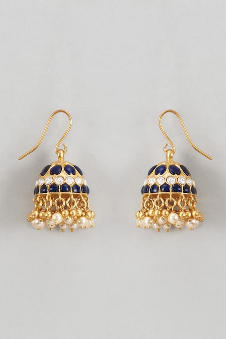 Shop_Karisa Designs_Blue Kundan Embellished Pearl Drop Jhumkas _at_Aza_Fashions