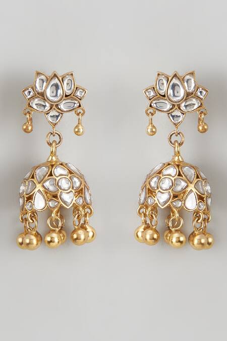 Shop Karisa Designs White Floral Kundan Stone Embellished Jhumkas at Aza Fashions Shop_Karisa Designs_White Floral Kundan Stone Embellished Jhumkas_at_Aza_Fashions