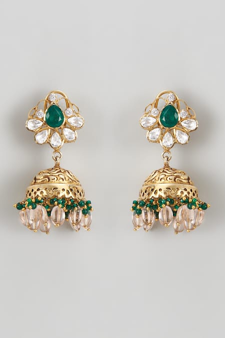 Shop Karisa Designs White Beads, Diamonds Floral Polki Embellished Carved Jhumkas at Aza Fashions Shop_Karisa Designs_White Beads, Diamonds Floral Polki Embellished Carved Jhumkas _at_Aza_Fashions