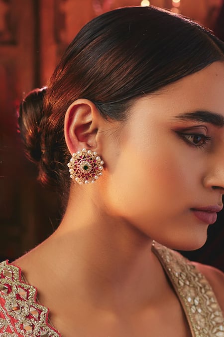 Karisa Designs Red Stones, Pearls Kundan Embellished Studs 